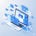 Laptop with software development tools and icons on a light blue background